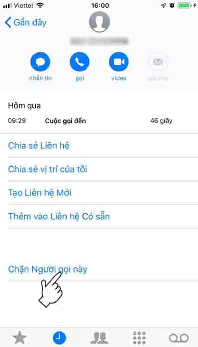 Cách chặn số lạ gọi đến iPhone chọn mục chặn người gọi