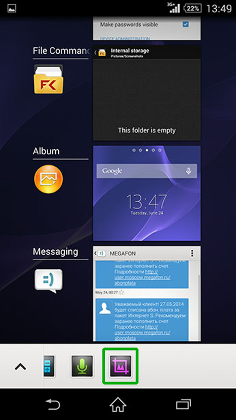 Chụp màn hình điện thoại Sony chọn biểu tượng giống như hình vẽ