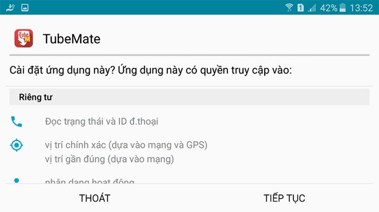 Cách lưu video trên youtube về điện thoại Oppo dùng phần mềm TubeMate chọn tiếp tục