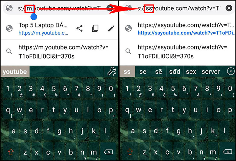 Cách lưu video trên youtube về điện thoại Oppo từ trang web đổi đuôi "m." thành "ss"