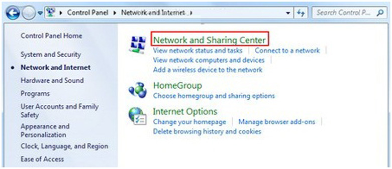 Cách dò bluetooth trên laptop Win 7 chọn Network and Sharing Center