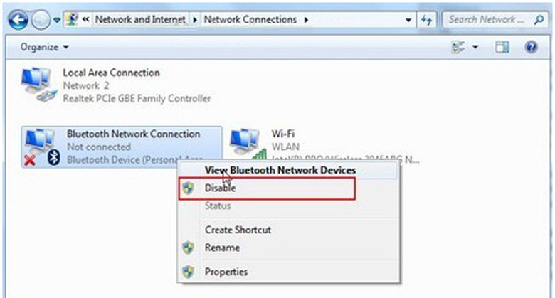 Cách dò bluetooth trên laptop Win 7 chọn Network and Sharing Center, chọn Enable để bật hoặc Disable để tắt kết nối.