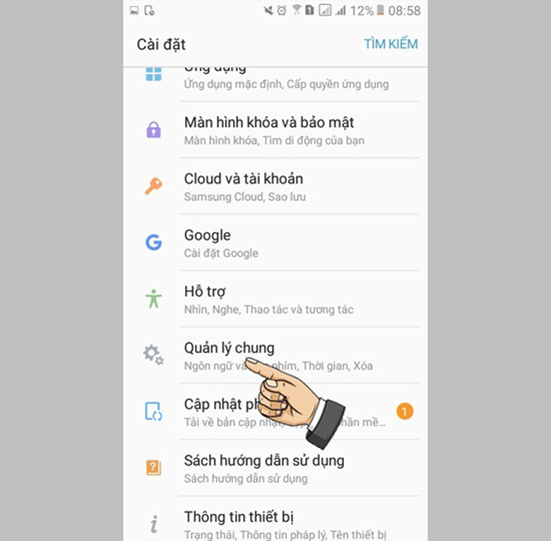 Khôi phục cài đặt gốc cho J2 Prime vào cài đặt, chọn quảng lý chung