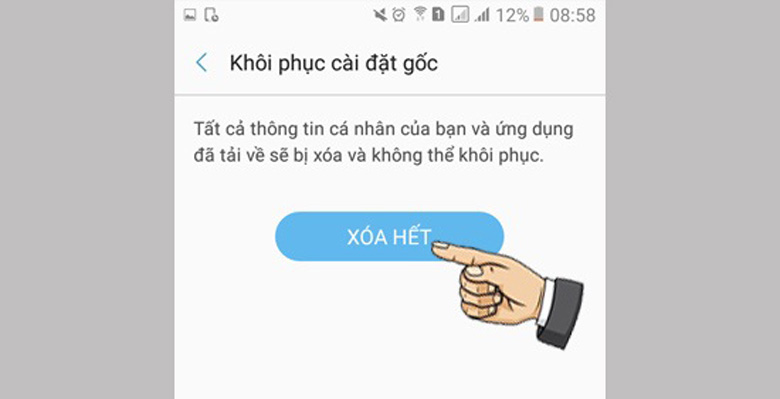 Khôi phục cài đặt gốc cho J2 Prime vào chọn xóa hết