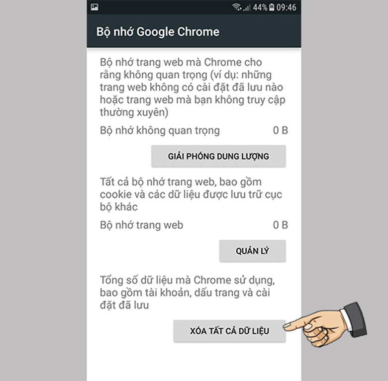 Xóa dữ liệu ứng dụng hệ thống không cần thiết chọn xóa tất cả dữ liệu