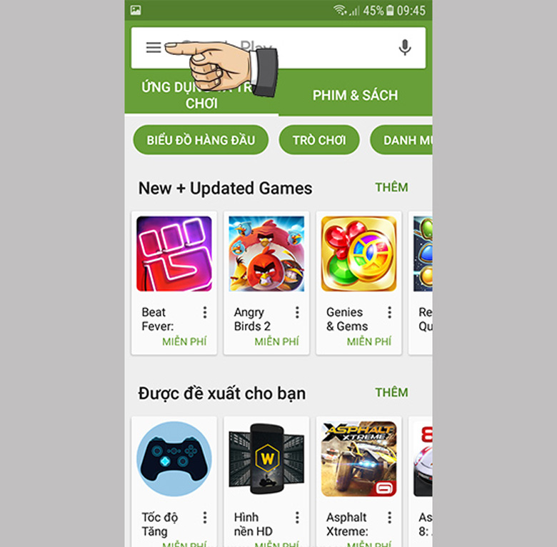 Tắt tự động cập nhật phần mềm trên Google Play bằng cách mở và chọn biểu tượng 3 gạch