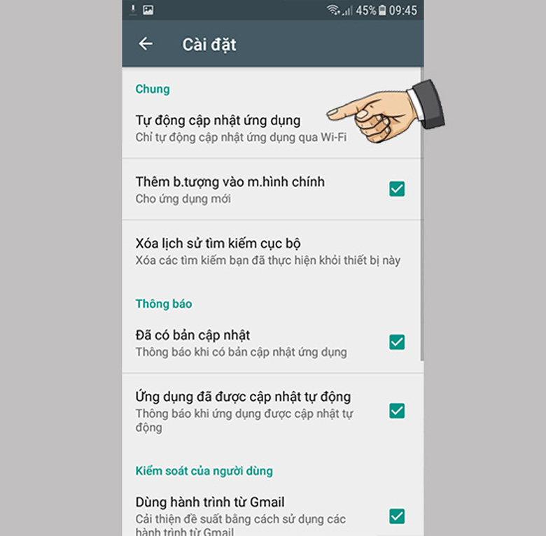 Tắt tự động cập nhật phần mềm trên Google Play chọn tự động cập nhật ứng dụng