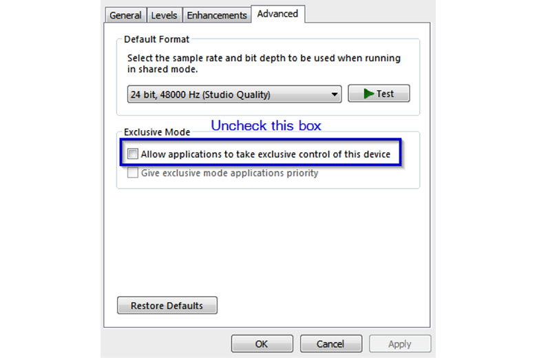 Micro laptop không nói được do vô hiệu hóa Exclusive Mode