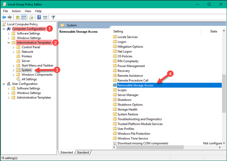 Cách diệt virus cho laptop, máy tính với công thức thủ công gõ lệnh gpedit.msc và làm thoe như hình vẽ với thứ tự các bước 1, 2, 3, 4