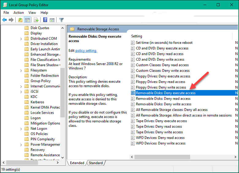 Cách diệt virus trên laptop, máy tính với công thức thủ công gõ lệnh gpedit.msc nháy đúp vào Removable Disks: Deny execute access
