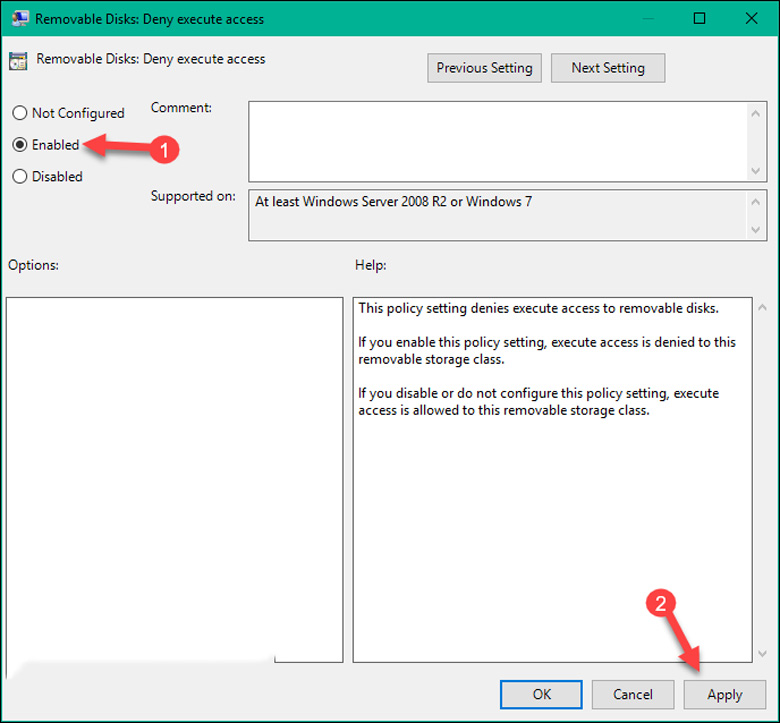 Cách diệt virus trên laptop, máy tính với công thức thủ công gõ lệnh gpedit.msc nháy đúp vào Removable Disks: Deny execute access chọn Enabled và Apply