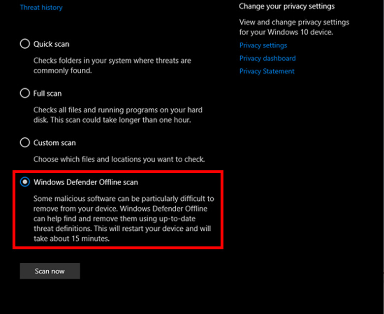 Cách diệt virus cho laptop sử dụng Windows Security nhấn chọn Windows Defender Offline Scan -> Chọn Scan now