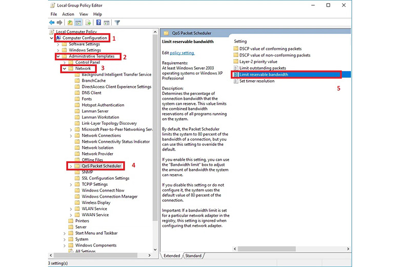 Cách tăng tốc wifi cho laptop: Kích hoạt Limit Reservable Bandwidth bước 2