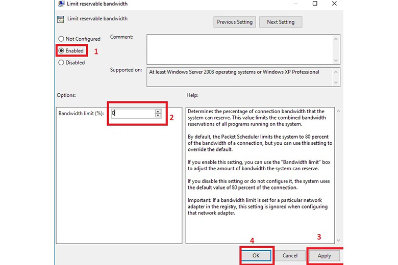 Cách tăng tốc wifi cho laptop: Kích hoạt Limit Reservable Bandwidth bước 3