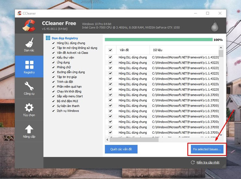 Khắc phục lỗi Registry laptop bị điện giật chọn họn Fix selected issues để sửa toàn bộ lỗi