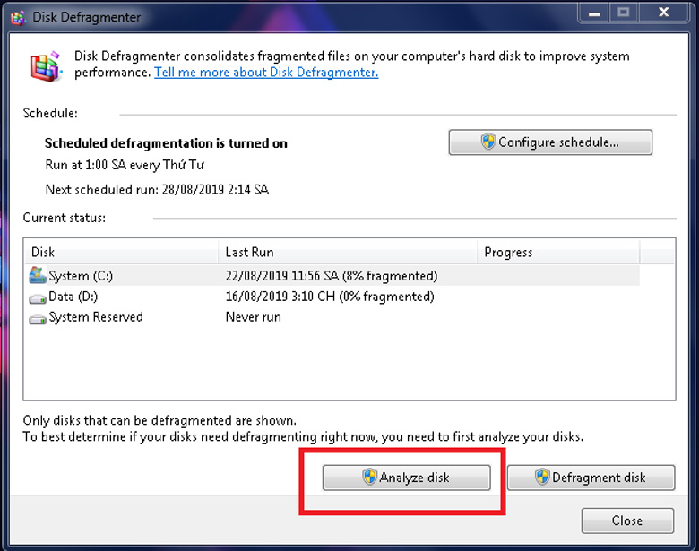Dùng chống phân mảnh ổ cứng laptop bị lag giật chọn Analyza