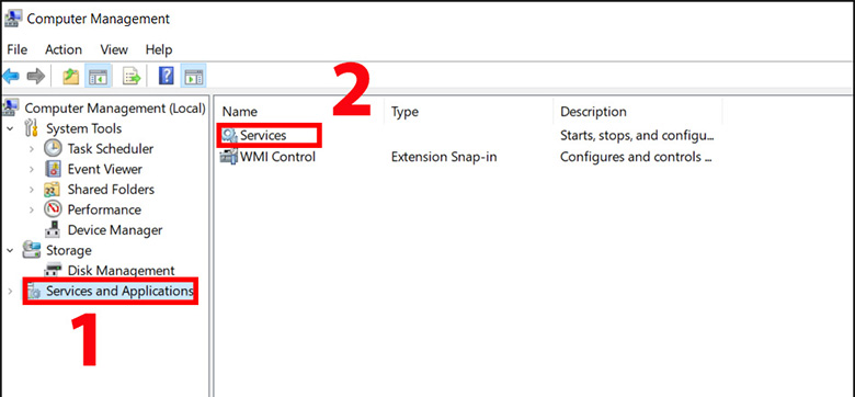 Cách khăc phục màn hình laptop bị đen sửa dụng tính năng tự động update chọn "Services and Applications" > Chọn "Services"