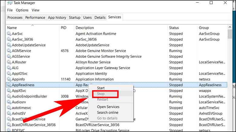 Màn hình laptop bị đen cách khắc phục vô hiệu hóa AppReadness trong Services nhấn chuột phải vào "AppReadiness", chọn "Stop"