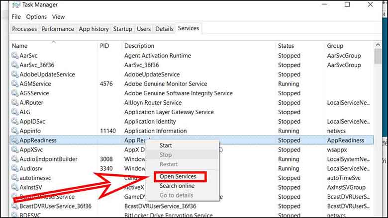 Màn hình laptop bị đen cách khắc phục vô hiệu hóa AppReadness trong Services chọn “AppReadness” đã “Stop" thì bạn hãy nhấn chuột phải > Chọn "Open Services"