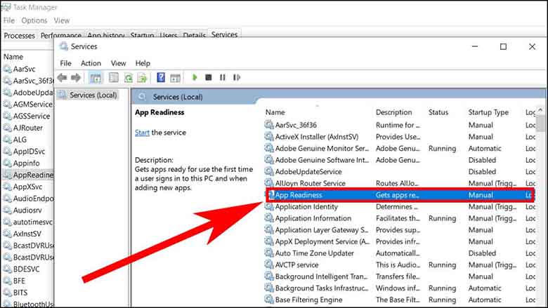 Màn hình laptop bị đen cách khắc phục vô hiệu hóa AppReadness trong Services chọn “AppReadness” đã “Stop" thì bạn hãy nhấn chuột phải > Chọn "Open Services"