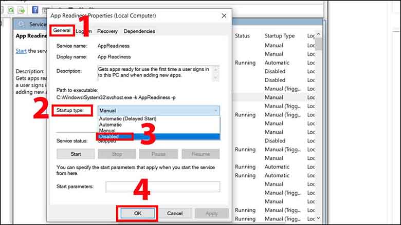 Màn hình laptop bị đen cách khắc phục vô hiệu hóa AppReadness trong Services chọn ab "General" > Chọn giá trị "Disabled" ở mục "Startup type" > Nhấn "OK"