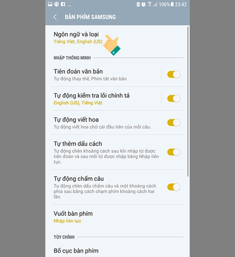 Cách cài đặt bàn phím tiếng việt cho Samsung chọn "Ngôn ngữ bàn phím và loại"