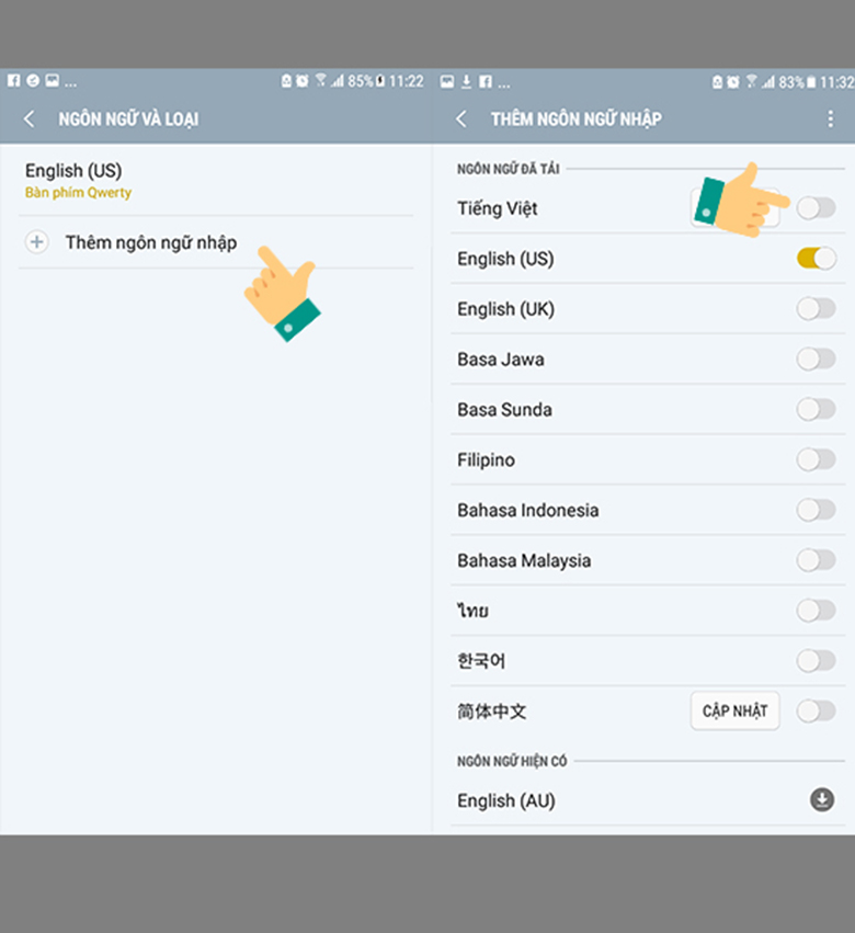 Cách gõ tiếng việt trên Samsung chọn "Thêm ngôn ngữ nhập" và chọn Tiếng Việt cho bàn phím