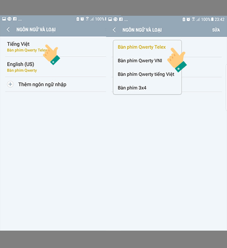 Chọn kiểu gõ Telex lẫn VNI thông dụng cài đặt bàn phím tiếng việt cho Samsung