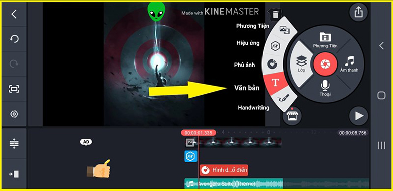 Cách lồng nhạc vào hình trên điện thoại với phần mềm KineMaster mở ứng dụng lên chọn mục văn bản để viết chữ