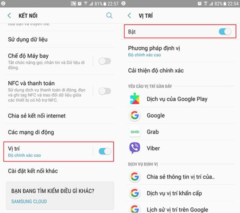 Sử dụng tính năng Find my device định vị điện thoại Samsung vào kết nối và bật vị trí
