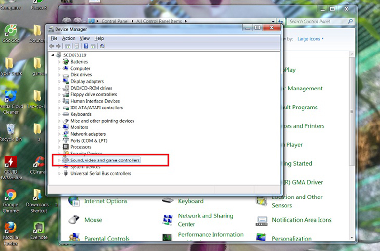"Sound, video and game controllers" để thực hiện xóa và cài lại âm thanh loa laptop