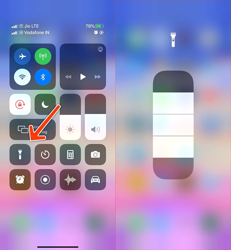 Bật đèn pin iPhone 7 sử dụng Control Center ấn vào biểu tượng hình chiếc pin để bật