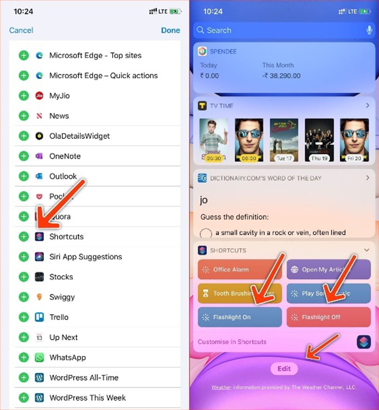 Cách bật đèn pin iPhone 6, 7 ấn vào nút "+" nhập từ "Torch" điều chỉnh đặt vị trí trên màn hình