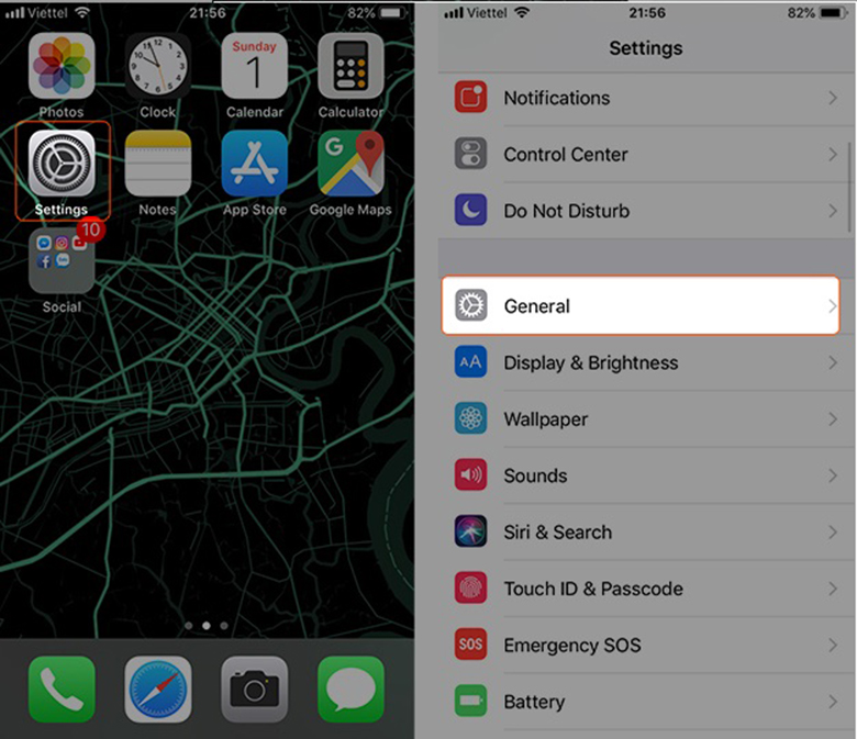 Bật flash khi có điện thoại iPhone 11 ấn vào cài đặt chung