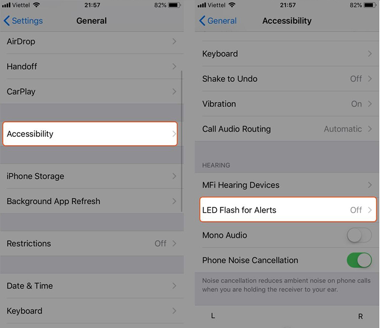 Bật flash khi có điện thoại iPhone 11 chọn trợ năng và chọn LED Flash for Alerts