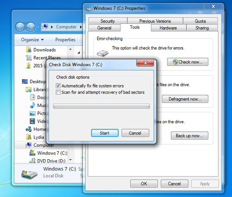 Kiểm tra ổ đĩa là một cách cách tăng tốc độ xử lý của máy tính Win7