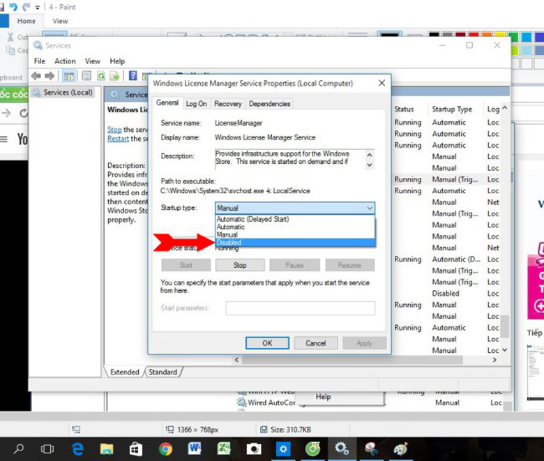Vô hiệu hóa services sửa lỗi your windows license will expire soon trên Windows 10 chọn Disable, chọn Apply, nhấn OK