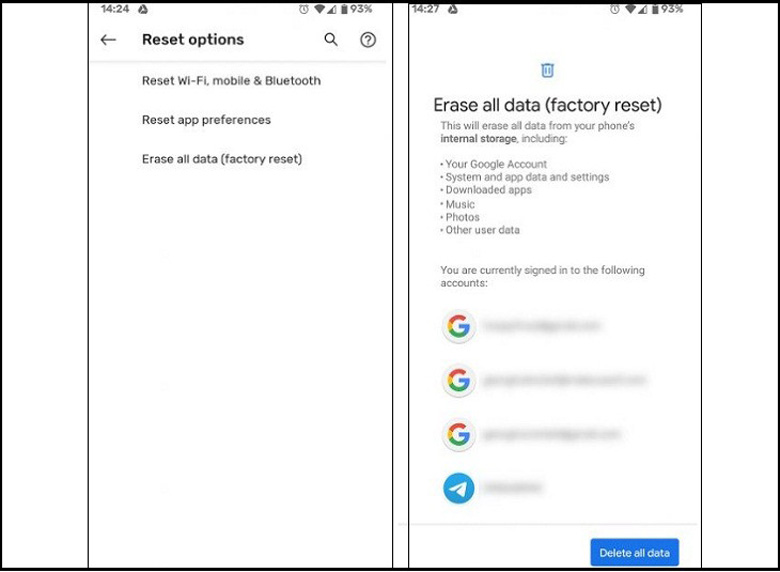 Chạy lại chương trình điện thoại Samsung xác nhận nút Delete all để reset tất cả về trang thái ban đầu