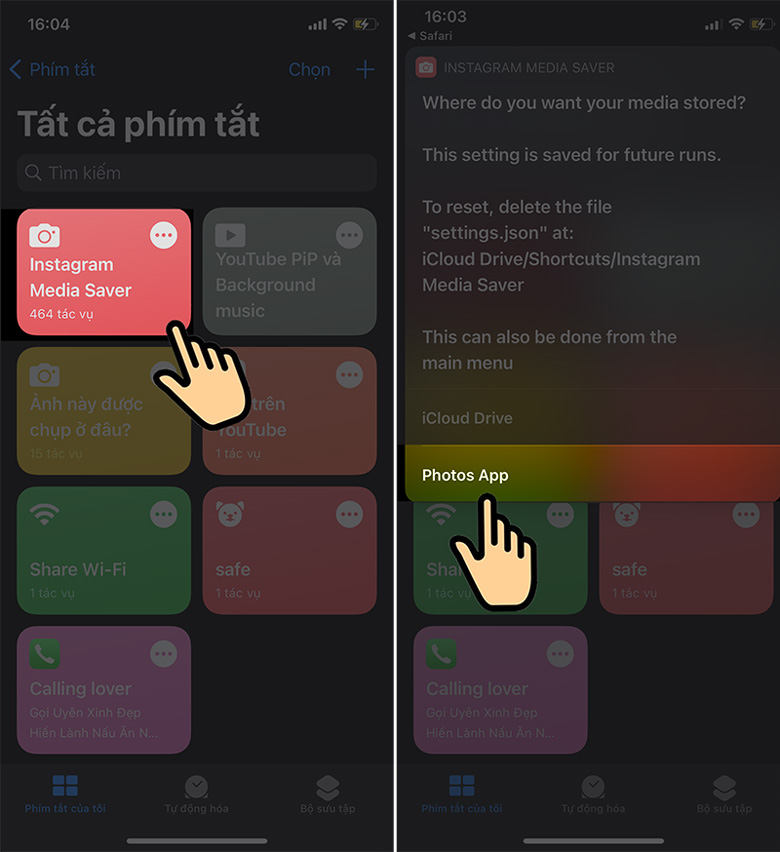 Cách lưu video trên Instagram về iPhone ứng dụng Phím tắt và nhấn chọn tên Instagram Media Saver nhanh chóng