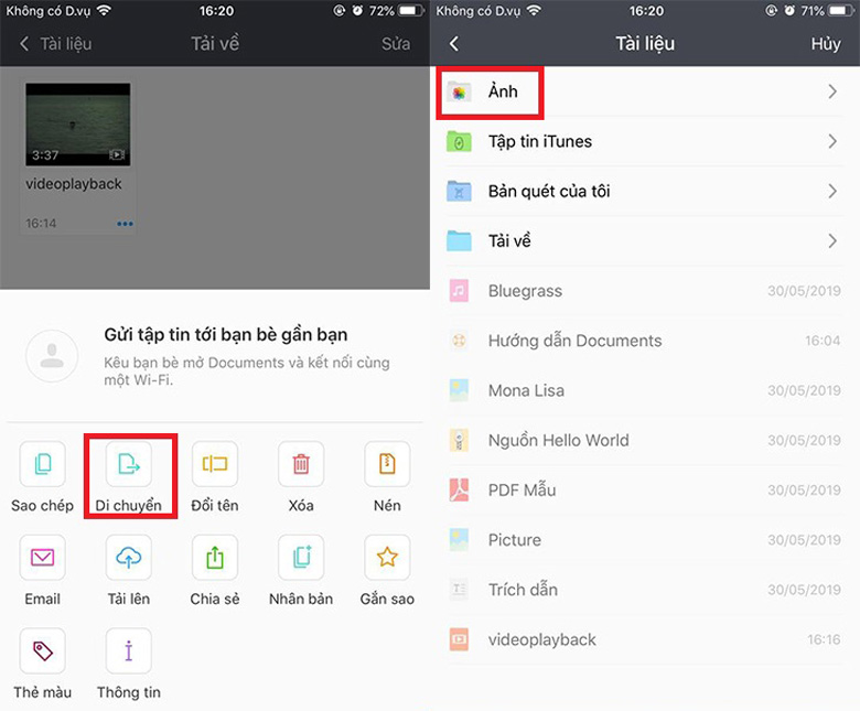 Phần mềm Documents cách tải nhạc trên Youtube về iPhone tải về hoàn tất, bạn giữ video và kéo vào thư mục "Photo" để chuyển tới "Camera roll" là được.