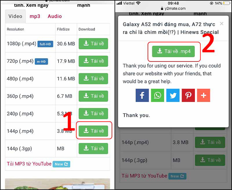 Cách tải video trên Youtube về iPhone sử dụng website y2mate.com chọn phiên bản và bắt đầu tải về