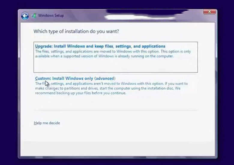 Cách cài Win 8 cho laptop tiếp tục ấn chọn Custom