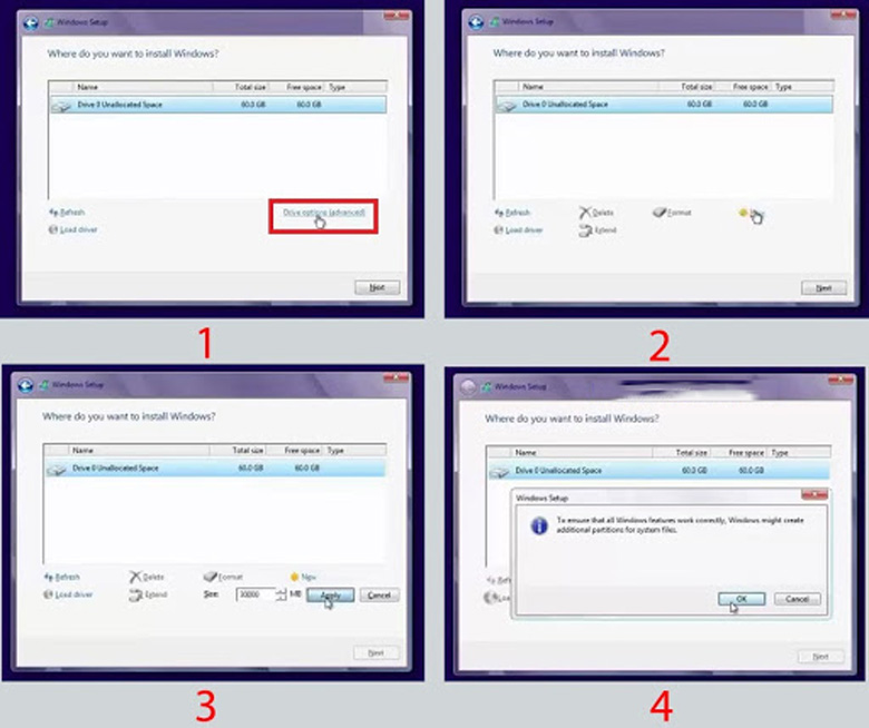 Cách cài Win 8 cho laptop tại bước này bạn có thể phân vùng lại ổ đĩa hoặc để phân vùng ngay từ trước