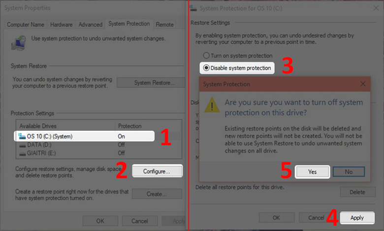 Cách giải phóng RAM cho laptop bằng việc tắt System Restore tiếp tục Nhấn "Configure..." > Chọn "Disable system protection" > Chọn "Apply" > Chọn "Yes"
