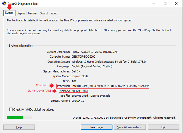 Kiểm tra cấu hình máy tính Win 10 bằng DirectX Diagnostic Tool vào Tab System để xem thông tin hiển thị