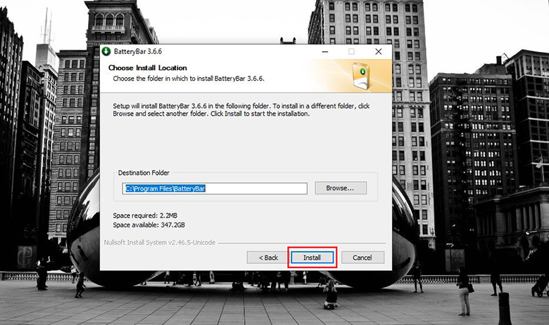 Cách hiện phần trăm pin trên laptop Win 10 sử dụng phần mềm BatteryBar Chọn Install để cài phần mềm vào ổ