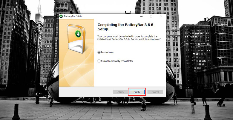 Chọn Finish kết thúc việc cài đặt phần mềm BatteryBar để hiển thị hiển thị pin laptop Win 10