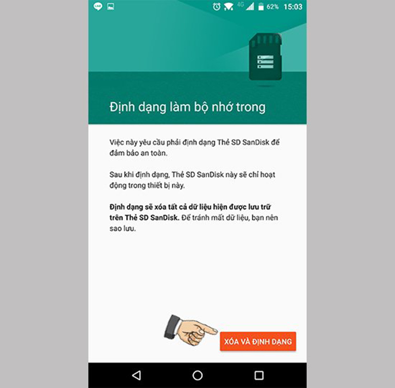 Cách tăng dung lượng Oppo dùng thẻ nhớ ngoài vào "Định dạng làm bộ nhớ trong" -> chọn "Xóa và định dạng"
