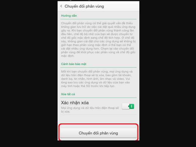 Cách tăng bộ nhớ điện thoại Oppo nên chuyển đổi phân vùng cho ổ nhấn xóa và chọn chuyển đổi phân vùng
