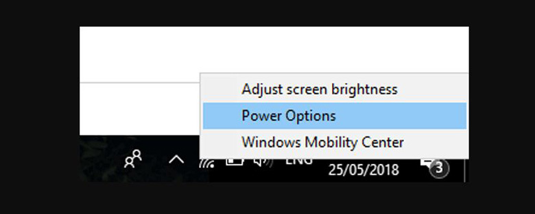 Ấn chuột phải vào biểu tượng pin ( góc phải, trên thanh taskbar) -> Chọn Power Options là cách xả pin laptop chuẩn
